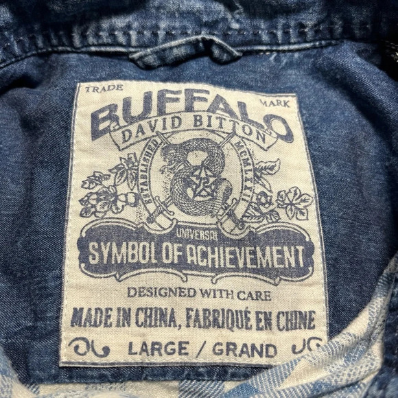 Buffalo David Bitton Shirt Large Blue Plaid Button Down Western Pearl Snaps - Picture 2 of 12